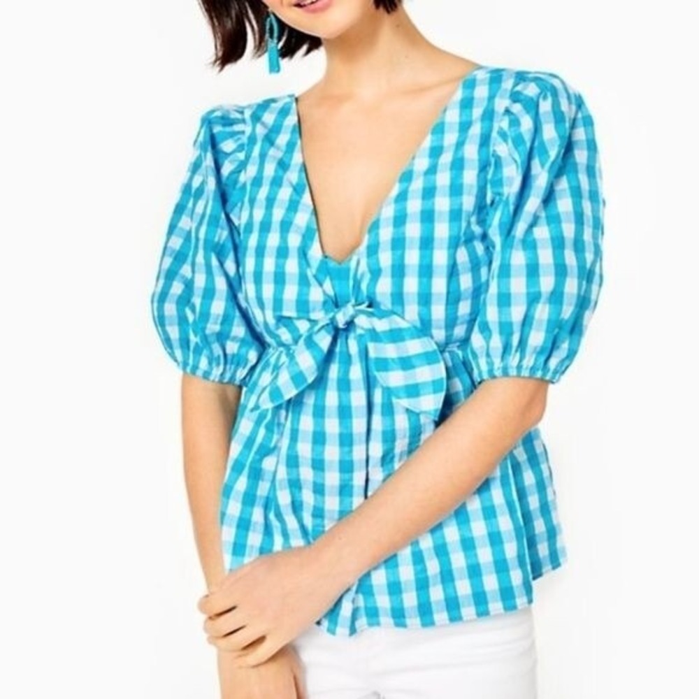 Lilly Pulitzer Sarafina Gingham Babydoll Top Blue Plaid Size 10